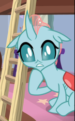 Size: 446x719 | Tagged: safe, screencap, character:ocellus, species:changedling, species:changeling, species:reformed changeling, episode:school raze, g4, my little pony: friendship is magic, bed, cropped, ladder, shocked, sitting, solo