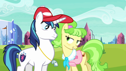 Size: 1280x720 | Tagged: safe, screencap, character:chickadee, character:ms. peachbottom, character:shining armor, species:earth pony, species:pony, species:unicorn, episode:games ponies play, g4, my little pony: friendship is magic, cap, clothing, female, flirting, hat, male, mare, stallion, whistle