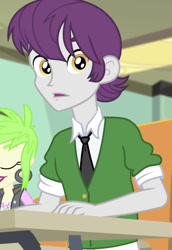 Size: 571x828 | Tagged: safe, screencap, character:cherry crash, character:indigo wreath, episode:a little birdie told me, g4, my little pony:equestria girls, cherry crash, cropped, desk, indigo wreath, shocked