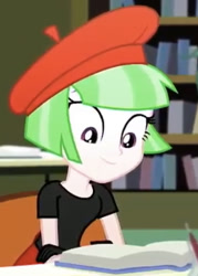 Size: 377x527 | Tagged: safe, screencap, character:drama letter, character:watermelody, species:eqg human, g4, my little pony:equestria girls, beret, book, clothing, cropped, female, hat, library, solo, solo female