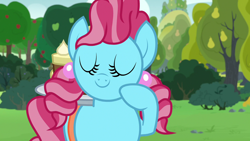Size: 1280x720 | Tagged: safe, screencap, character:cup cake, species:earth pony, species:pony, episode:the perfect pear, g4, my little pony: friendship is magic, apple, apple tree, chiffon swirl, cute, cute cake, eyes closed, female, mare, pear tree, solo, tree