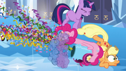 Size: 1280x720 | Tagged: safe, screencap, character:applejack, character:pinkie pie, character:rainbow dash, character:twilight sparkle, episode:games ponies play, g4, my little pony: friendship is magic, cannon, confetti, party cannon, wat