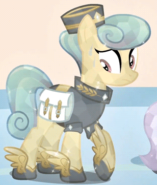 Size: 308x361 | Tagged: safe, screencap, species:crystal pony, species:pony, episode:games ponies play, g4, my little pony: friendship is magic, animated, cinnabar, fidgeting, golden hooves, mailpony, nervous, quicksilver, sweat, talking