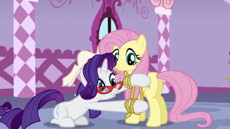Size: 450x253 | Tagged: safe, screencap, character:fluttershy, character:rarity, episode:suited for success, g4, my little pony: friendship is magic, animated, art of the dress, duo, glasses, measuring tape, plot, rarity's glasses
