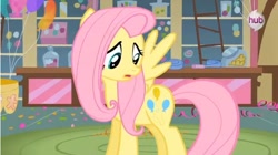 Size: 598x336 | Tagged: safe, screencap, character:fluttershy, episode:magical mystery cure, g4, my little pony: friendship is magic, swapped cutie marks, what my cutie mark is telling me