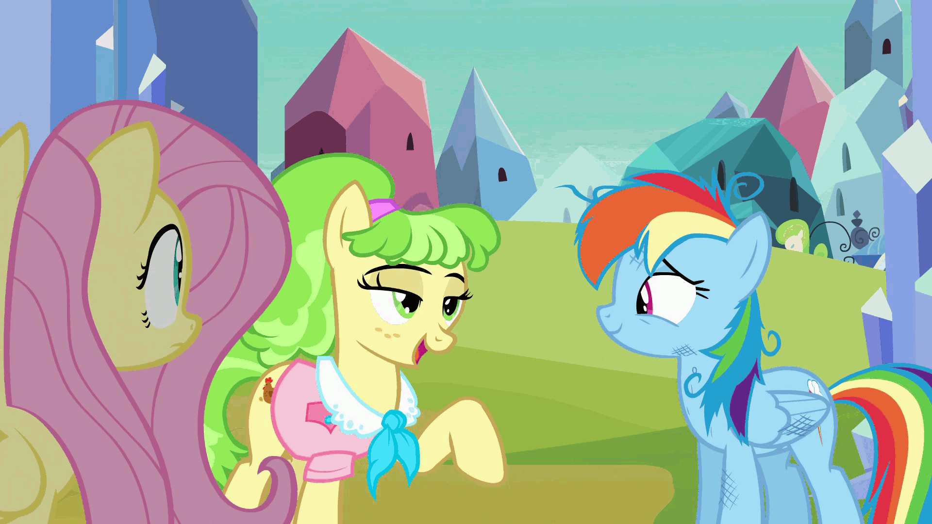 Size: 1920x1080 | Tagged: safe, screencap, character:chickadee, character:fluttershy, character:ms. peachbottom, character:rainbow dash, episode:games ponies play, g4, my little pony: friendship is magic, animated, building, clothing, crystal empire, loop, messy mane, scratches, shirt