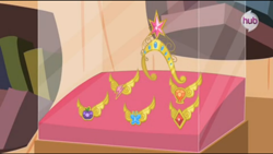 Size: 1366x768 | Tagged: safe, screencap, episode:magical mystery cure, g4, my little pony: friendship is magic, big crown thingy, crown, element of generosity, element of honesty, element of kindness, element of laughter, element of loyalty, element of magic, elements of harmony, hub logo, hubble, solo