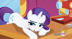 Size: 851x467 | Tagged: safe, screencap, character:rarity, episode:magical mystery cure, g4, my little pony: friendship is magic, bedroom eyes, bent over, element of generosity, invisible stallion, mirror, needle, out of context, scissors, sewing machine, solo, table