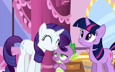 Size: 400x252 | Tagged: safe, screencap, character:rarity, character:spike, character:twilight sparkle, character:twilight sparkle (unicorn), species:dragon, species:pony, species:unicorn, episode:green isn't your color, g4, my little pony: friendship is magic, animated, cute, excited, female, happy, jumping, loop, male, mare, pronking, raribetes