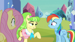 Size: 1920x1080 | Tagged: safe, screencap, character:chickadee, character:fluttershy, character:ms. peachbottom, character:rainbow dash, species:earth pony, species:pegasus, species:pony, episode:games ponies play, episode:the crystal empire, g4, my little pony: friendship is magic, building, clothing, crystal empire, female, lidded eyes, mare, messy mane, raised hoof, shirt, trio