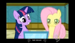 Size: 570x325 | Tagged: safe, screencap, character:fluttershy, character:twilight sparkle, episode:read it and weep, g4, my little pony: friendship is magic, no excuse, youtube caption