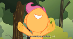 Size: 614x333 | Tagged: safe, screencap, character:scootaloo, species:pegasus, species:pony, tree sap, youtube caption