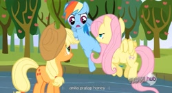 Size: 1581x857 | Tagged: safe, screencap, character:applejack, character:fluttershy, character:rainbow dash, youtube caption, youtube link