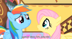 Size: 809x442 | Tagged: safe, screencap, character:fluttershy, character:rainbow dash, episode:the cutie mark chronicles, g4, my little pony: friendship is magic, bill clinton, youtube caption