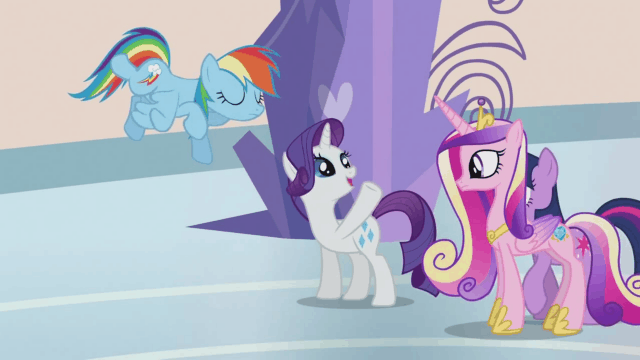 Size: 640x360 | Tagged: safe, screencap, character:princess cadance, character:rainbow dash, character:rarity, character:twilight sparkle, episode:games ponies play, g4, my little pony: friendship is magic, animated