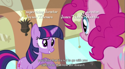 Size: 855x471 | Tagged: safe, screencap, character:pinkie pie, character:twilight sparkle, species:earth pony, species:pony, species:unicorn, female, grin, lip bite, mare, raised eyebrow, raised hoof, smiling, wat, youtube caption
