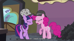 Size: 851x471 | Tagged: safe, screencap, character:pinkie pie, character:twilight sparkle, drugs, youtube caption