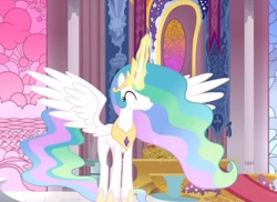 Size: 1186x865 | Tagged: safe, screencap, character:princess celestia, species:alicorn, species:pony, eyes closed, female, happy, mare, solo, spread wings, wings