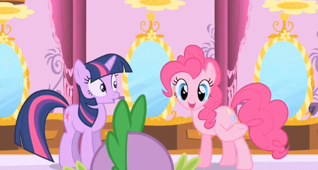 Size: 624x334 | Tagged: safe, screencap, character:pinkie pie, character:spike, character:twilight sparkle, episode:green isn't your color, g4, my little pony: friendship is magic, animated, pinkie pie swear, pinkie promise
