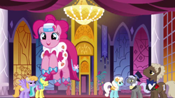 Size: 640x360 | Tagged: safe, screencap, character:caesar, character:drizzle, character:lemony gem, character:pinkie pie, character:sealed scroll, character:serena, species:earth pony, species:pegasus, species:pony, species:unicorn, episode:the best night ever, g4, my little pony: friendship is magic, bouncing, canterlot ballroom, clothing, dress, female, gala dress, mare