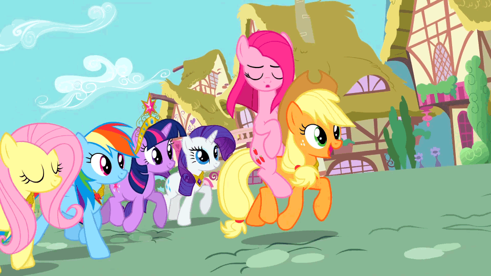 Size: 960x540 | Tagged: safe, screencap, character:applejack, character:fluttershy, character:pinkamena diane pie, character:pinkie pie, character:rainbow dash, character:rarity, character:twilight sparkle, species:earth pony, species:pegasus, species:pony, species:unicorn, episode:magical mystery cure, g4, my little pony: friendship is magic, :o, a true true friend, animated, cute, elements of harmony, female, freckles, gif, mane six, mare, open mouth, ponies riding ponies, riding, smiling, swapped cutie marks, talking, trotting