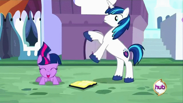 Size: 640x360 | Tagged: dead source, safe, screencap, character:shining armor, character:twilight sparkle, episode:a canterlot wedding, g4, my little pony: friendship is magic, animated, b.b.b.f.f., brother and sister, cute, duo, female, filly, foal, happy, heartwarming, hoofy-kicks, hub logo, jumping, loop, male, pronking, rearing, shining adorable, siblings, sparkle siblings, twiabetes