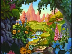Size: 640x480 | Tagged: safe, screencap, g1, my little pony: the movie (1986), background, flower, flutter valley, foxglove, lily (flower), no pony, pretty, scenery