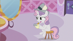 Size: 853x480 | Tagged: safe, screencap, character:sweetie belle, species:pony, species:unicorn, episode:ponyville confidential, g4, my little pony: friendship is magic, clothing, female, filly, foal, hat, hoof hold, mirror, mouth hold, notepad, pencil, sitting, solo, stool