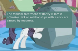 Size: 500x327 | Tagged: safe, screencap, character:rarity, character:tom, ship:raritom, episode:the return of harmony, g4, my little pony: friendship is magic, cargo ship, discorded landscape, meta, offensive ponies, rock, rockcon, shipping, text