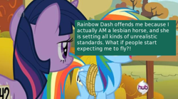 Size: 500x277 | Tagged: safe, screencap, character:rainbow dash, character:twilight sparkle, episode:fall weather friends, g4, my little pony: friendship is magic, bondage, meta, offensive ponies, rainbond dash, rope, text, tied up, unsexy bondage