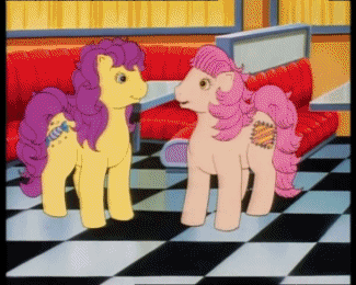 Size: 325x260 | Tagged: safe, screencap, character:bon bon (g1), character:patch (g1), episode:just for kicks, g1, my little pony tales, animated, intertwined tails, shipping fuel
