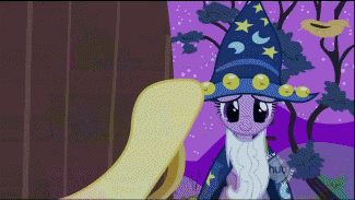 Size: 325x183 | Tagged: safe, screencap, character:fluttershy, character:princess luna, character:star swirl the bearded, character:twilight sparkle, episode:luna eclipsed, g4, my little pony: friendship is magic, animated, clothing, costume, door, hub logo, nightmare night costume, screaming, star swirl the bearded costume, tongue out