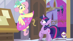 Size: 1919x1079 | Tagged: safe, screencap, character:fluttershy, character:twilight sparkle, character:twilight sparkle (unicorn), species:pegasus, species:pony, species:unicorn, episode:a canterlot wedding, g4, my little pony: friendship is magic, bridesmaid dress, clothing, dress, duo, female, mare, out of context, raised hoof