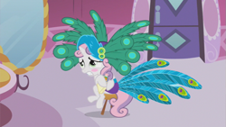 Size: 853x480 | Tagged: safe, screencap, character:sweetie belle, species:pony, species:unicorn, episode:ponyville confidential, g4, my little pony: friendship is magic, blush sticker, blushing, clothing, embarrassed, feather, feathered hat, female, filly, foal, hat, mirror, notepad, outfit catalog, peacock feathers, pencil, sitting, solo, stool