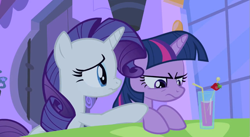 Size: 853x466 | Tagged: safe, screencap, character:rarity, character:twilight sparkle, species:pony, species:unicorn, episode:a canterlot wedding, g4, my little pony: friendship is magic, angry, duo, scrunchy face, table