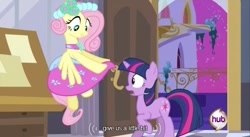 Size: 640x350 | Tagged: safe, screencap, character:fluttershy, character:twilight sparkle, episode:a canterlot wedding, g4, my little pony: friendship is magic, bridesmaid dress, clothing, dress, hub logo, youtube caption