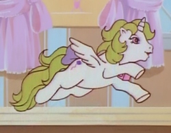 Size: 400x311 | Tagged: safe, screencap, character:baby surprise, character:surprise, species:alicorn, species:pony, episode:escape from catrina, g1, animation error, bow, cropped, error, female, flying, indoors, lullabye nursery, mare, princess surprise, solo, spot the alicorn, tail bow, winged unicorn