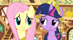 Size: 854x475 | Tagged: safe, screencap, character:fluttershy, character:twilight sparkle, episode:magical mystery cure, g4, my little pony: friendship is magic, big crown thingy, lidded eyes
