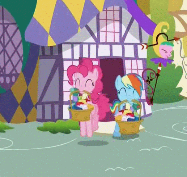 Size: 605x570 | Tagged: safe, screencap, character:pinkie pie, character:rainbow dash, episode:griffon the brush-off, animated, basket, bouncing, cute, dashabetes, diapinkes, joke shop, mouth hold, pronking, running, smiling