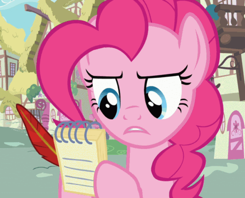 Size: 496x400 | Tagged: safe, screencap, character:pinkie pie, species:earth pony, species:pony, episode:a friend in deed, g4, my little pony: friendship is magic, animated, cropped, dexterous hooves, female, loop, mare, notepad, ponyville, quill, solo, writing