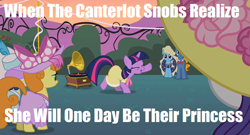 Size: 500x269 | Tagged: safe, screencap, character:bon bon, character:carrot top, character:eclair créme, character:golden harvest, character:perfect pace, character:rarity, character:sweetie drops, character:twilight sparkle, episode:sweet and elite, g4, my little pony: friendship is magic, birthday dress, clothing, dancing, do the sparkle, dress, image macro