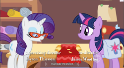 Size: 858x474 | Tagged: safe, screencap, character:rarity, character:twilight sparkle, episode:suited for success, g4, my little pony: friendship is magic, bag, clothing, dress, glasses, missile, nuclear weapon, rarity's glasses, saddle bag, too poofy, weapon, youtube caption