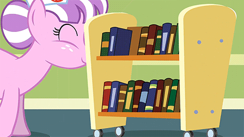 Size: 480x270 | Tagged: safe, screencap, character:nurse sweetheart, species:earth pony, species:pony, episode:read it and weep, g4, my little pony: friendship is magic, animated, book, bookshelf, chubby, clothing, cute, female, hair bun, hat, mare, nurse, nurse hat, nurse sweetabetes, ponyville hospital, pushing, solo, walking