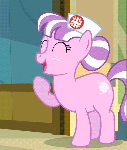 Size: 433x513 | Tagged: safe, screencap, character:nurse sweetheart, species:earth pony, species:pony, episode:read it and weep, g4, my little pony: friendship is magic, animated, chubby, clothing, cropped, cute, door, female, hair bun, hat, mare, nurse, nurse hat, nurse sweetabetes, ponyville hospital, solo