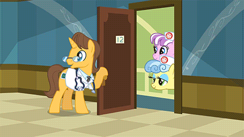 Size: 480x270 | Tagged: safe, screencap, character:doctor horse, character:doctor stable, character:nurse coldheart, character:nurse sweetheart, species:earth pony, species:pony, species:unicorn, episode:read it and weep, g4, my little pony: friendship is magic, animated, bipedal, bipedal leaning, chubby, clothing, doctor, door, female, glasses, hair bun, hair net, hat, leaning, male, mare, nurse, nurse hat, ponyville hospital, stallion, stethoscope, wheelchair