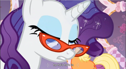 Size: 858x474 | Tagged: safe, screencap, character:applejack, character:rarity, glasses, rarity's glasses, youtube caption