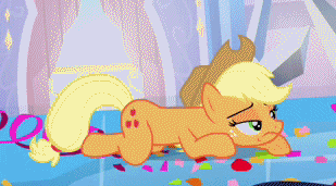 Size: 309x171 | Tagged: safe, screencap, character:applejack, species:earth pony, species:pony, episode:games ponies play, g4, my little pony: friendship is magic, animated, breathing, clothing, confetti, crystal castle, crystal empire, cutie mark, exhausted, female, hat, headbob, implications, invisible stallion, mare, offscreen character, out of context, prone, solo, tired