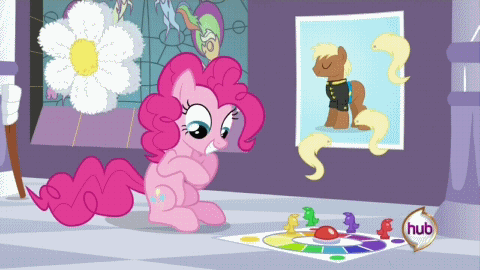 Size: 480x270 | Tagged: safe, screencap, character:pinkie pie, episode:a canterlot wedding, g4, my little pony: friendship is magic, animated, board game, cute, diapinkes, dice, eyebrows, hub logo, not meadow song, pin the tail on the pony, piñata, sitting, smiling, solo, squee, tongue out