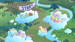 Size: 1280x720 | Tagged: safe, screencap, character:alula, character:cloud kicker, character:cotton cloudy, character:cupid, character:dumbbell, character:fluttershy, character:hoops, character:mango dash, character:parasol, character:pinkie feather, character:pluto, character:rainbow dash, character:rainy feather, character:sea swirl, character:sweet pop, character:tornado bolt, character:twinkleshine, species:pegasus, species:pony, species:unicorn, episode:the cutie mark chronicles, g4, my little pony: friendship is magic, cloud, colt, cupid (character), filly, flag, foal, male, mango dash, pinkie feather, pluto, race, rainy feather, standing on a cloud, sweet pop, younger
