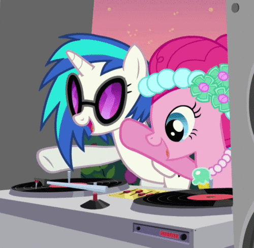 Size: 500x489 | Tagged: safe, screencap, character:dj pon-3, character:pinkie pie, character:vinyl scratch, species:earth pony, species:pony, species:unicorn, episode:a canterlot wedding, g4, my little pony: friendship is magic, alternate hairstyle, animated, bridesmaid dress, canterlot gardens, clothing, cropped, dress, duo, female, loop, record, speakers, sunglasses, turntable